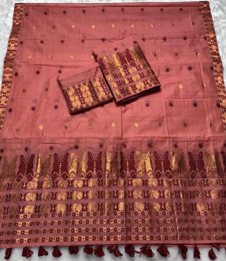 Ready-To-Wear Dhaga & Jari Weaving Work Premium Cotton* Mekhela Sador