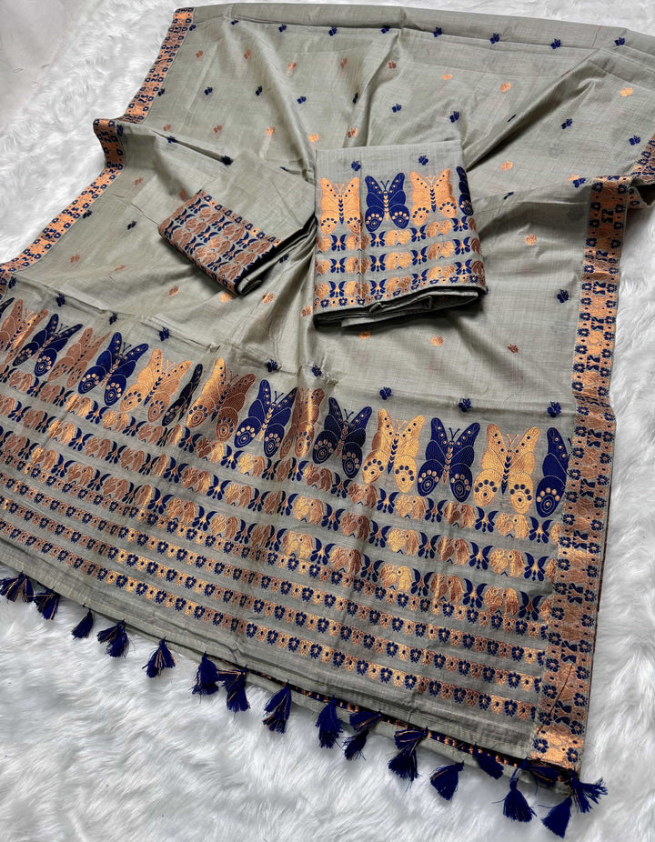 Ready-To-Wear Dhaga & Jari Weaving Work Premium Cotton* Mekhela Sador