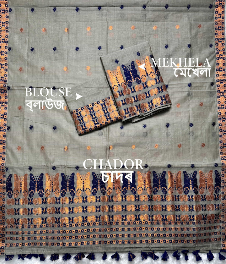Ready-To-Wear Dhaga & Jari Weaving Work Premium Cotton* Mekhela Sador