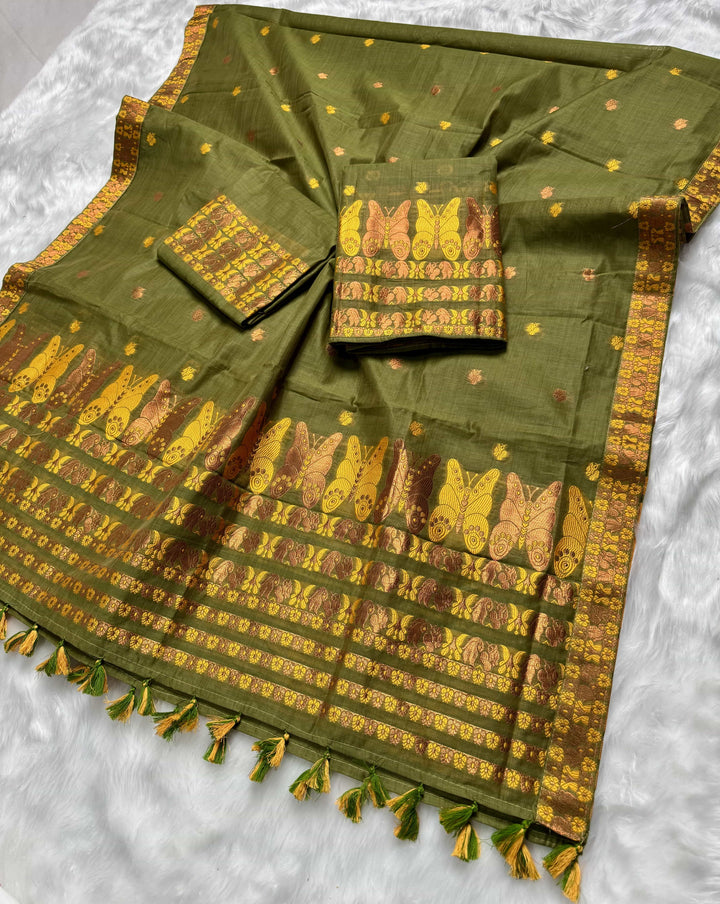Ready-To-Wear Dhaga & Jari Weaving Work Premium Cotton* Mekhela Sador