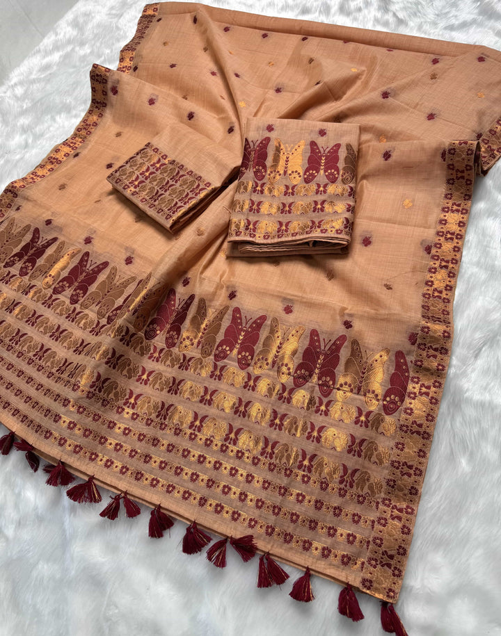 Ready-To-Wear Dhaga & Jari Weaving Work Premium Cotton* Mekhela Sador