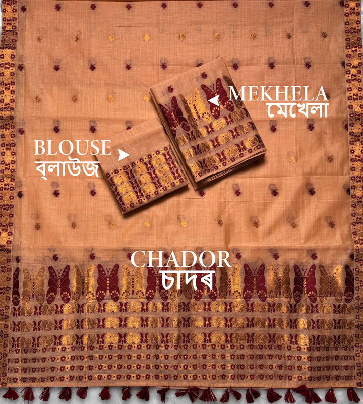 Ready-To-Wear Dhaga & Jari Weaving Work Premium Cotton* Mekhela Sador