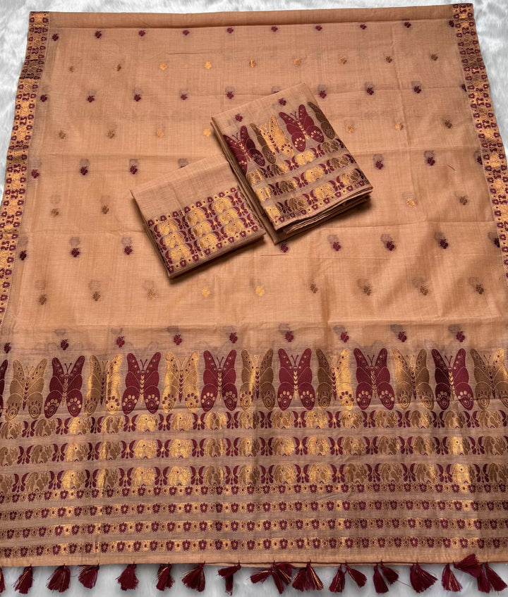 Ready-To-Wear Dhaga & Jari Weaving Work Premium Cotton* Mekhela Sador