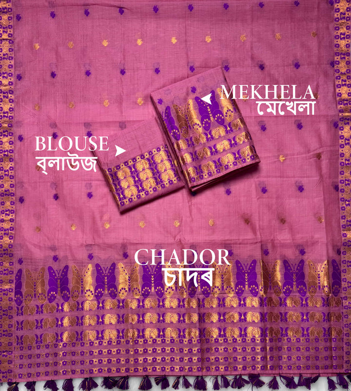 Ready-To-Wear Dhaga & Jari Weaving Work Premium Cotton* Mekhela Sador