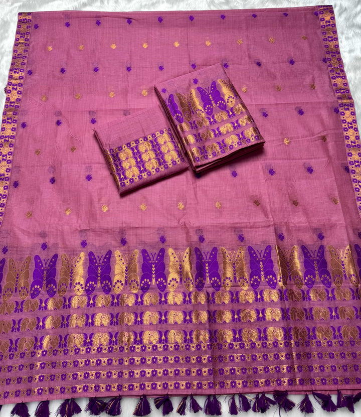 Ready-To-Wear Dhaga & Jari Weaving Work Premium Cotton* Mekhela Sador