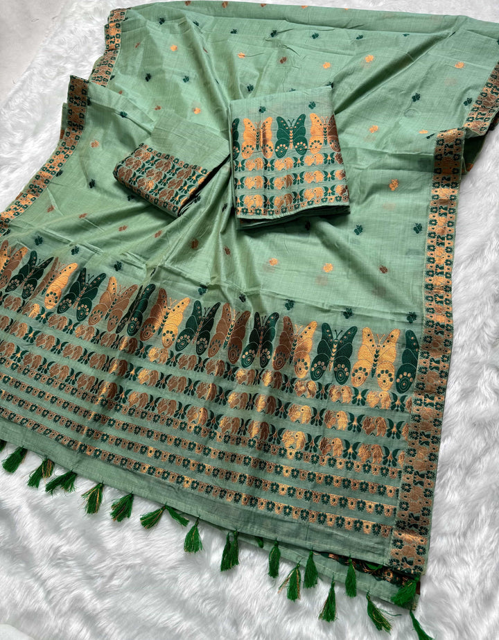 Ready-To-Wear Dhaga & Jari Weaving Work Premium Cotton* Mekhela Sador