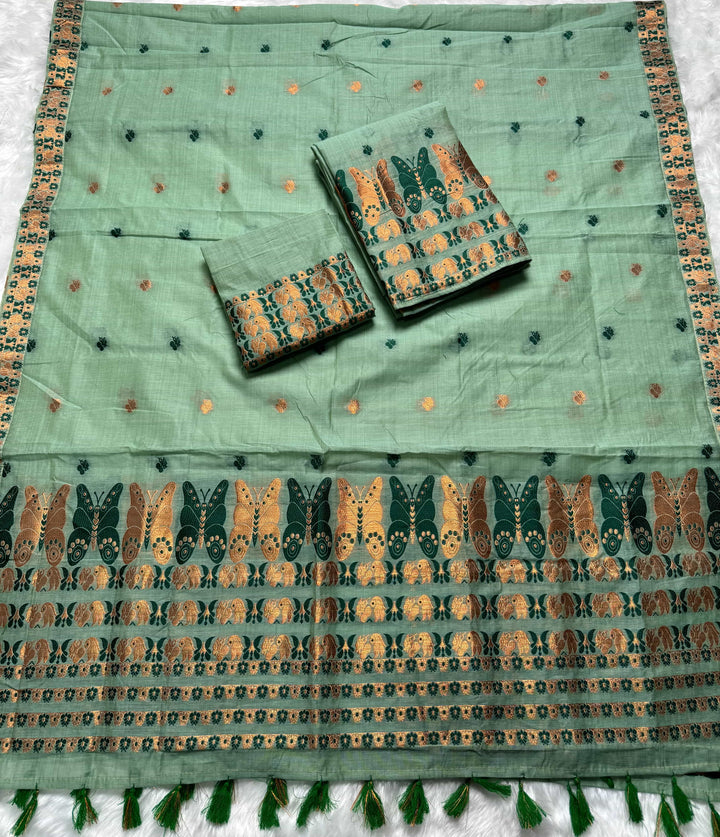 Ready-To-Wear Dhaga & Jari Weaving Work Premium Cotton* Mekhela Sador