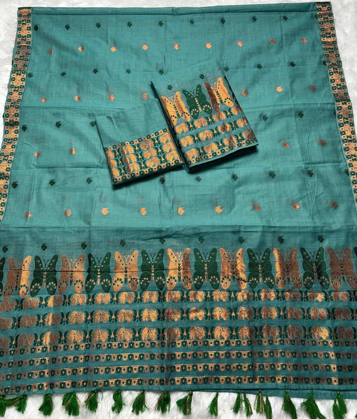 Ready-To-Wear Dhaga & Jari Weaving Work Premium Cotton* Mekhela Sador