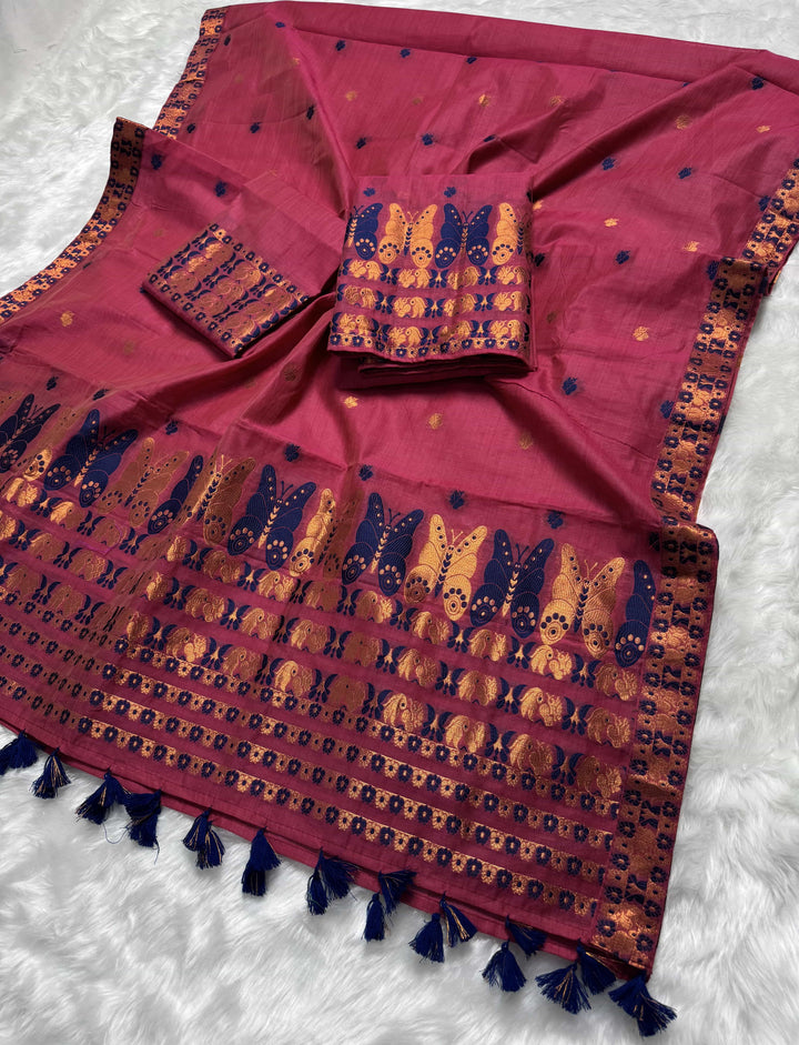 Ready-To-Wear Dhaga & Jari Weaving Work Premium Cotton* Mekhela Sador