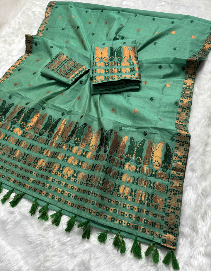 Ready-To-Wear Dhaga & Jari Weaving Work Premium Cotton* Mekhela Sador