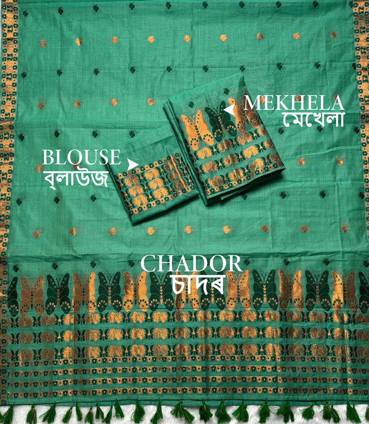 Ready-To-Wear Dhaga & Jari Weaving Work Premium Cotton* Mekhela Sador