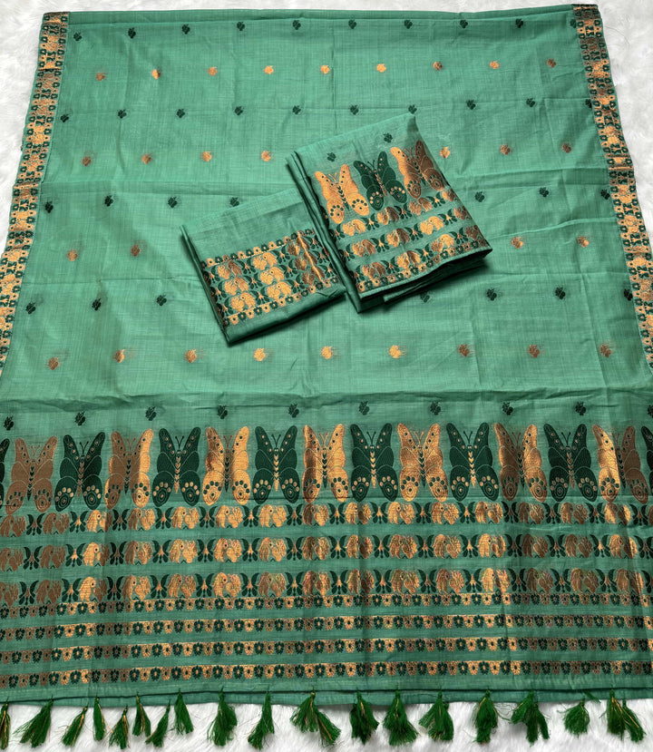 Ready-To-Wear Dhaga & Jari Weaving Work Premium Cotton* Mekhela Sador