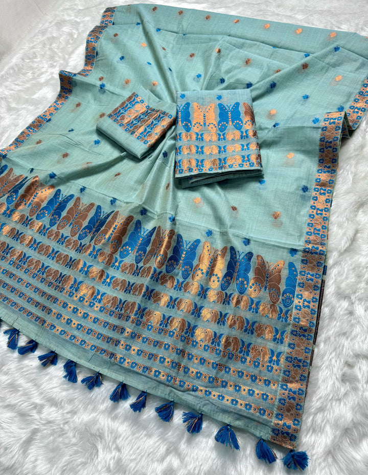 Ready-To-Wear Dhaga & Jari Weaving Work Premium Cotton* Mekhela Sador