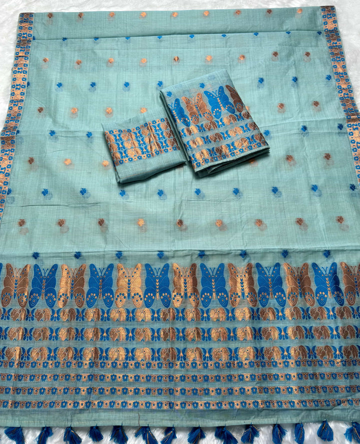 Ready-To-Wear Dhaga & Jari Weaving Work Premium Cotton* Mekhela Sador