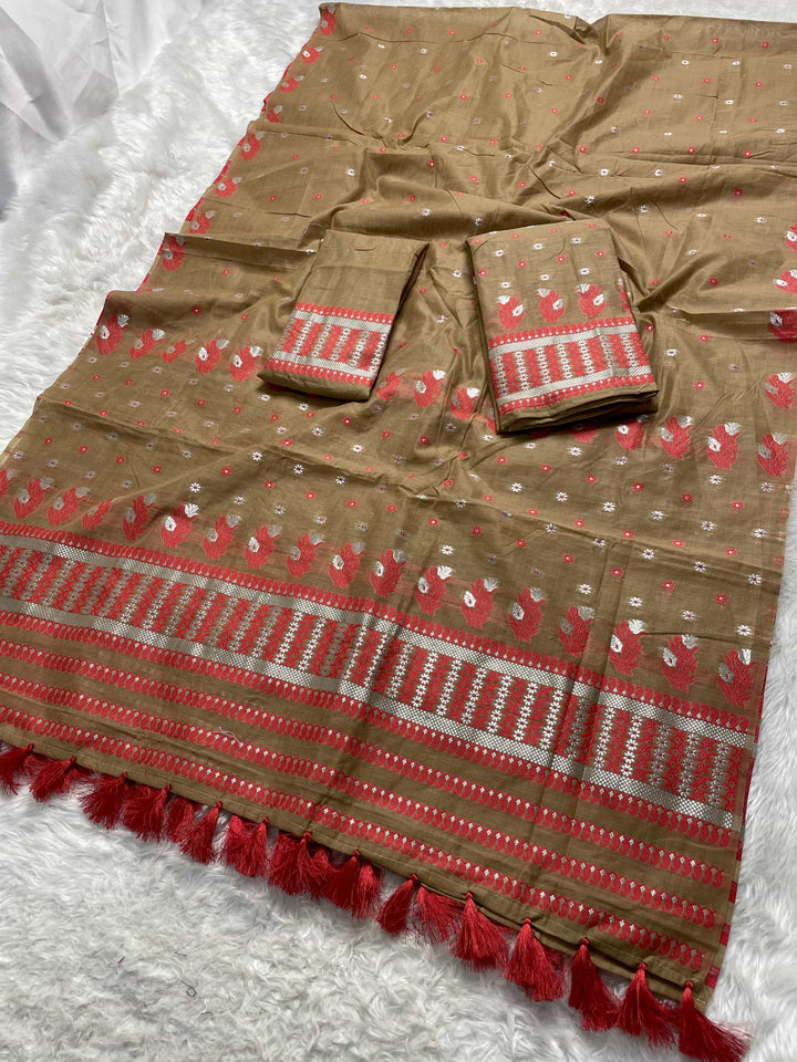 Ready-To-Wear Dhaga & Jari Weaving Work Premium Cotton* Mekhela Sador