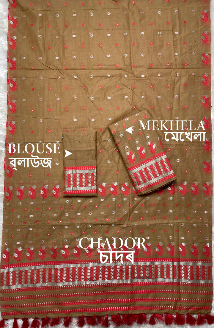 Ready-To-Wear Dhaga & Jari Weaving Work Premium Cotton* Mekhela Sador