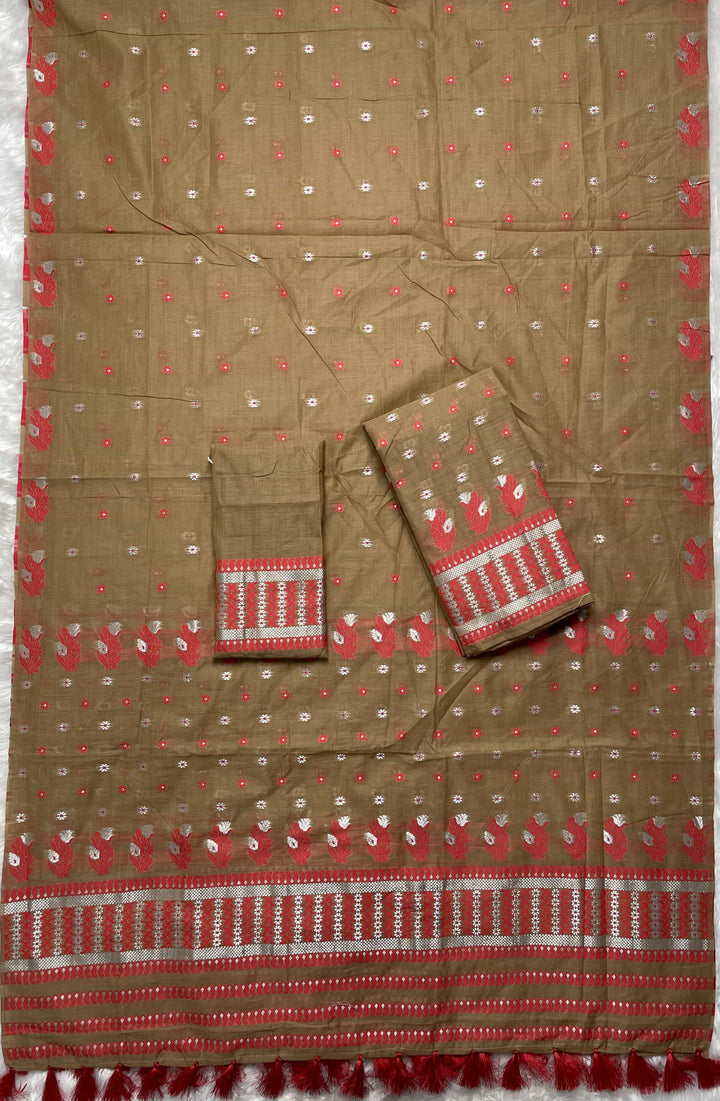 Ready-To-Wear Dhaga & Jari Weaving Work Premium Cotton* Mekhela Sador