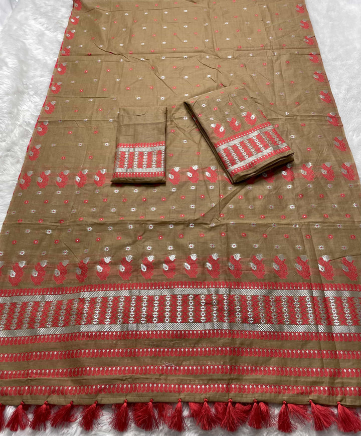 Ready-To-Wear Dhaga & Jari Weaving Work Premium Cotton* Mekhela Sador
