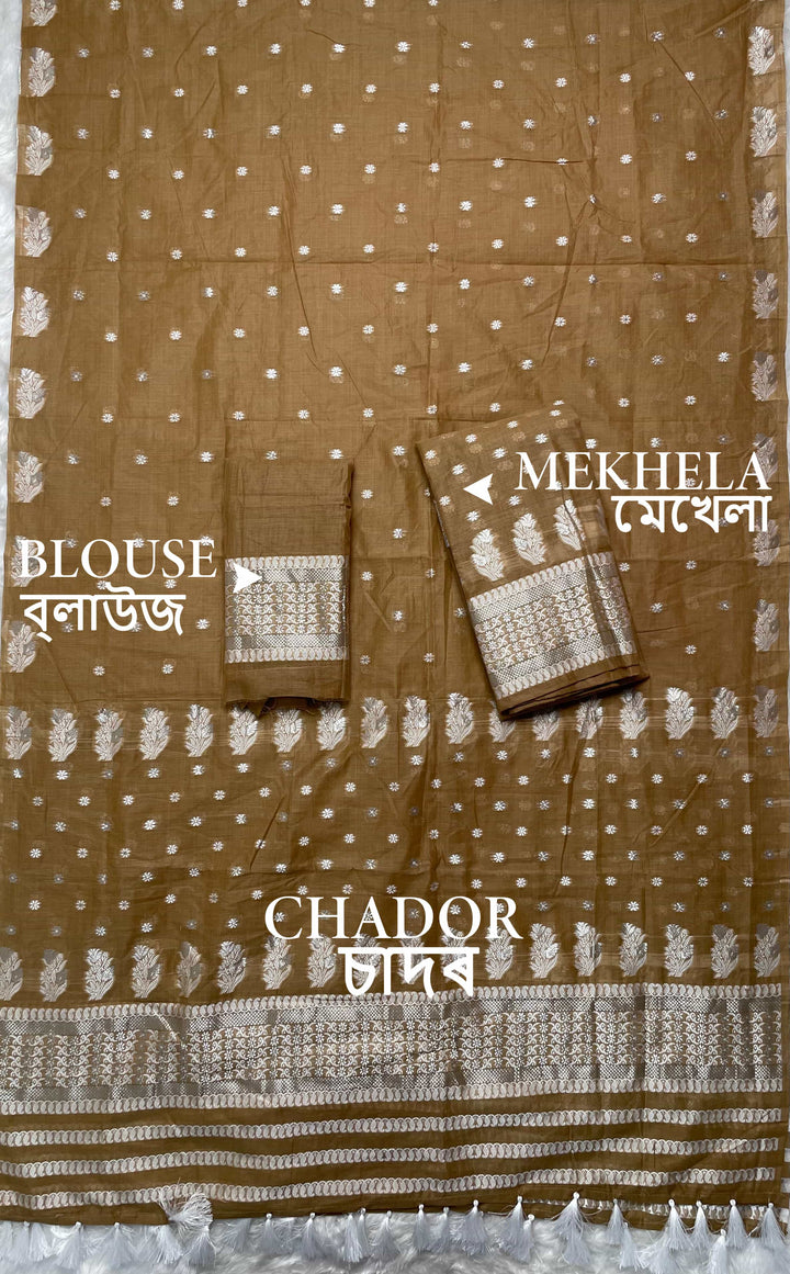 Ready-To-Wear Dhaga & Jari Weaving Work Premium Cotton* Mekhela Sador