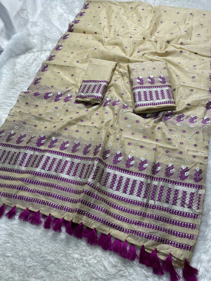Ready-To-Wear Dhaga & Jari Weaving Work Premium Cotton* Mekhela Sador
