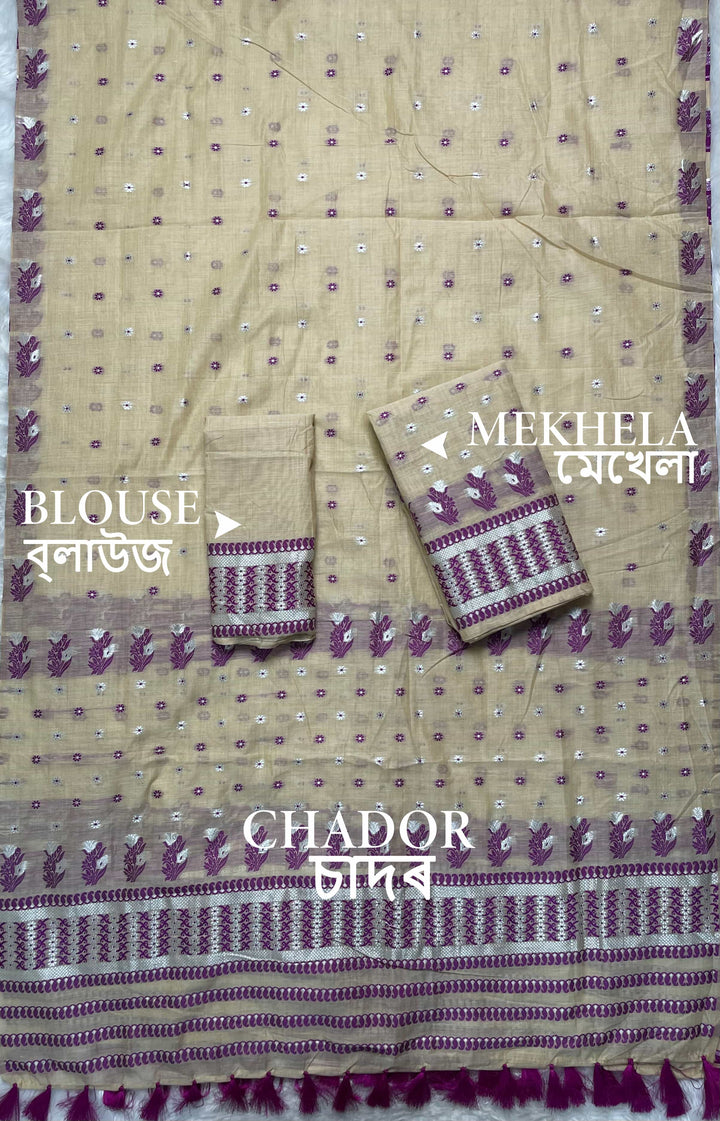 Ready-To-Wear Dhaga & Jari Weaving Work Premium Cotton* Mekhela Sador