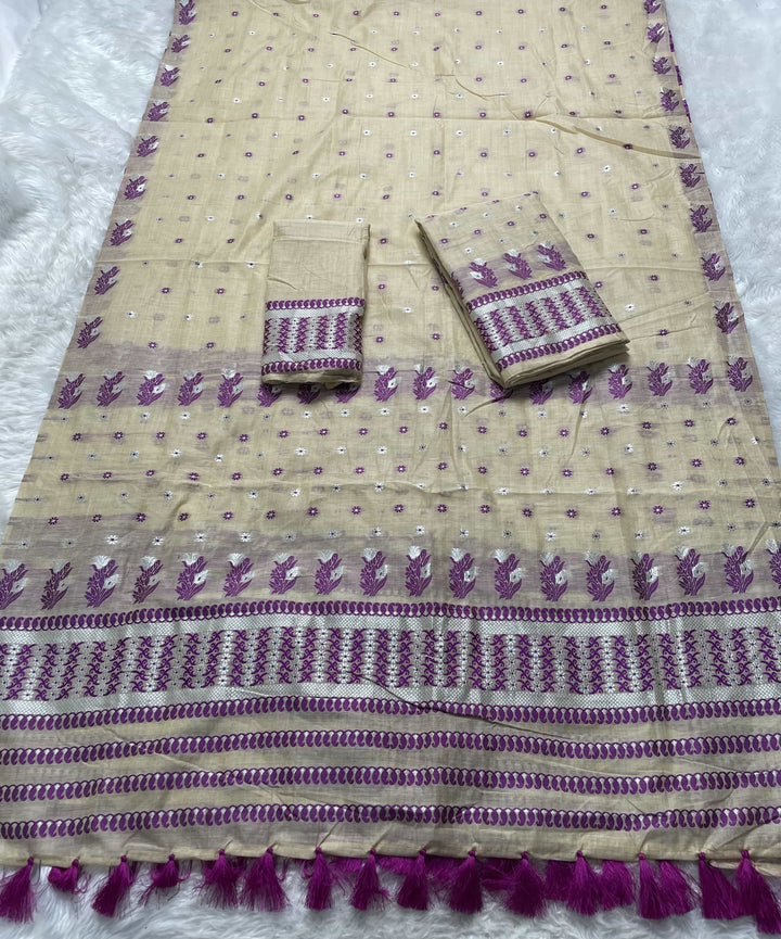 Ready-To-Wear Dhaga & Jari Weaving Work Premium Cotton* Mekhela Sador