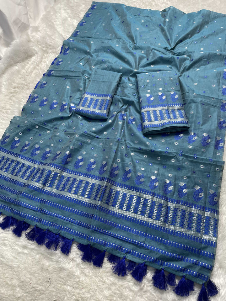 Ready-To-Wear Dhaga & Jari Weaving Work Premium Cotton* Mekhela Sador