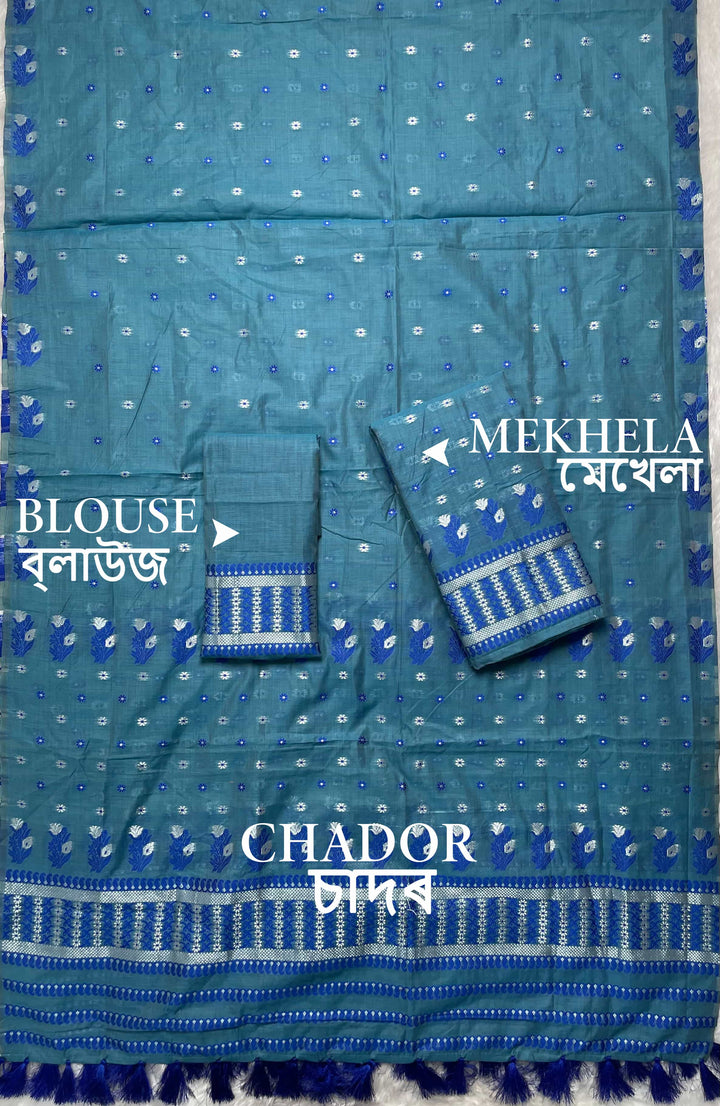 Ready-To-Wear Dhaga & Jari Weaving Work Premium Cotton* Mekhela Sador