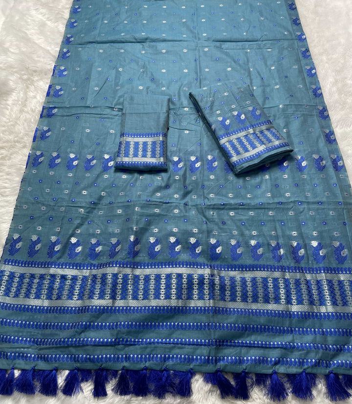 Ready-To-Wear Dhaga & Jari Weaving Work Premium Cotton* Mekhela Sador