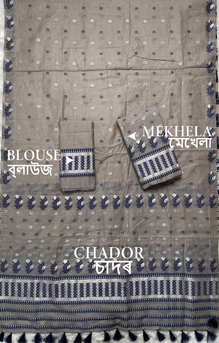Ready-To-Wear Dhaga & Jari Weaving Work Premium Cotton* Mekhela Sador