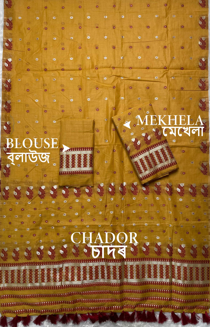 Ready-To-Wear Dhaga & Jari Weaving Work Premium Cotton* Mekhela Sador