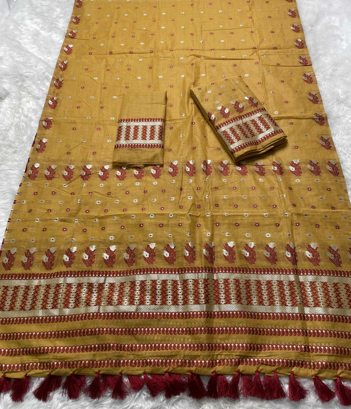 Ready-To-Wear Dhaga & Jari Weaving Work Premium Cotton* Mekhela Sador