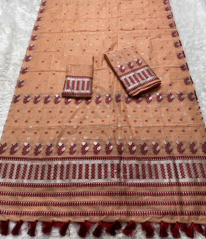 Ready-To-Wear Dhaga & Jari Weaving Work Premium Cotton* Mekhela Sador