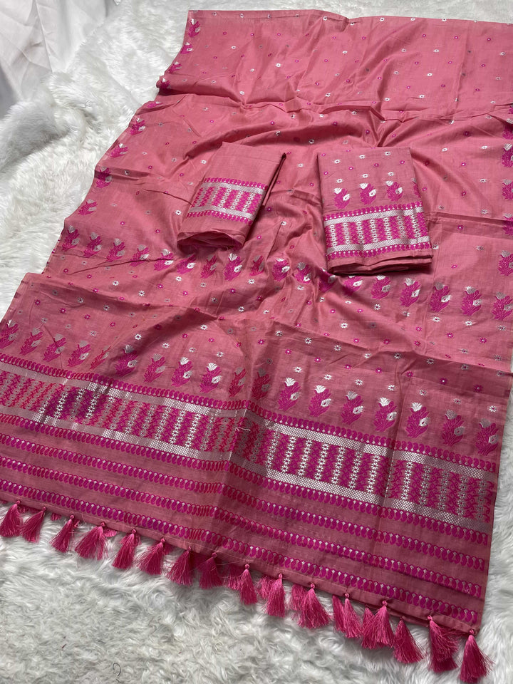 Ready-To-Wear Dhaga & Jari Weaving Work Premium Cotton* Mekhela Sador