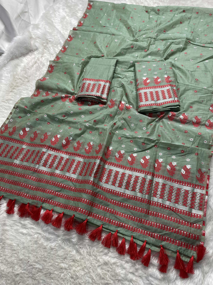 Ready-To-Wear Dhaga & Jari Weaving Work Premium Cotton* Mekhela Sador