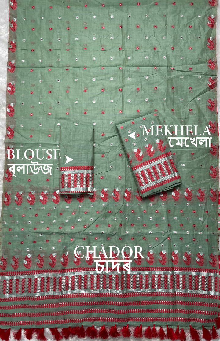 Ready-To-Wear Dhaga & Jari Weaving Work Premium Cotton* Mekhela Sador