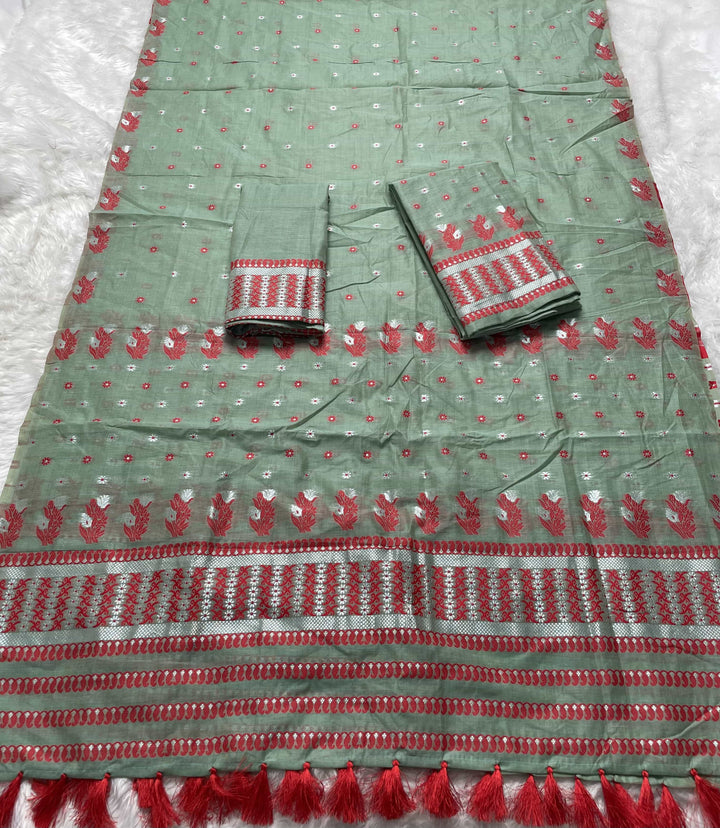 Ready-To-Wear Dhaga & Jari Weaving Work Premium Cotton* Mekhela Sador