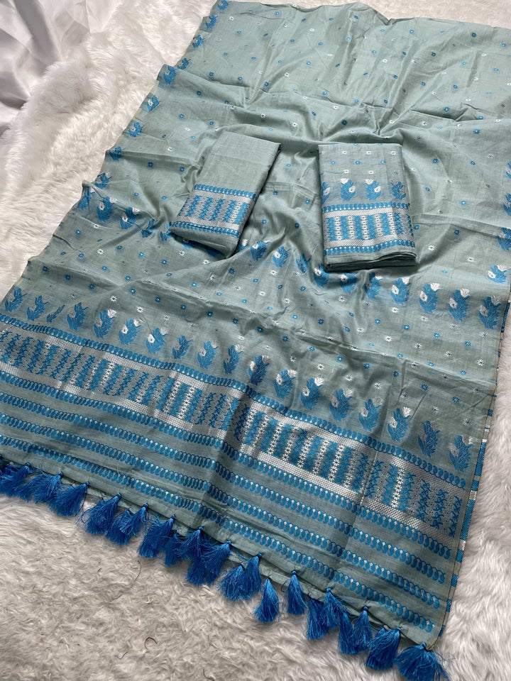 Ready-To-Wear Dhaga & Jari Weaving Work Premium Cotton* Mekhela Sador