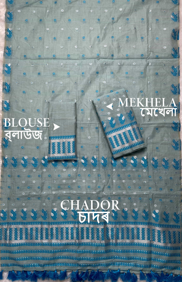 Ready-To-Wear Dhaga & Jari Weaving Work Premium Cotton* Mekhela Sador