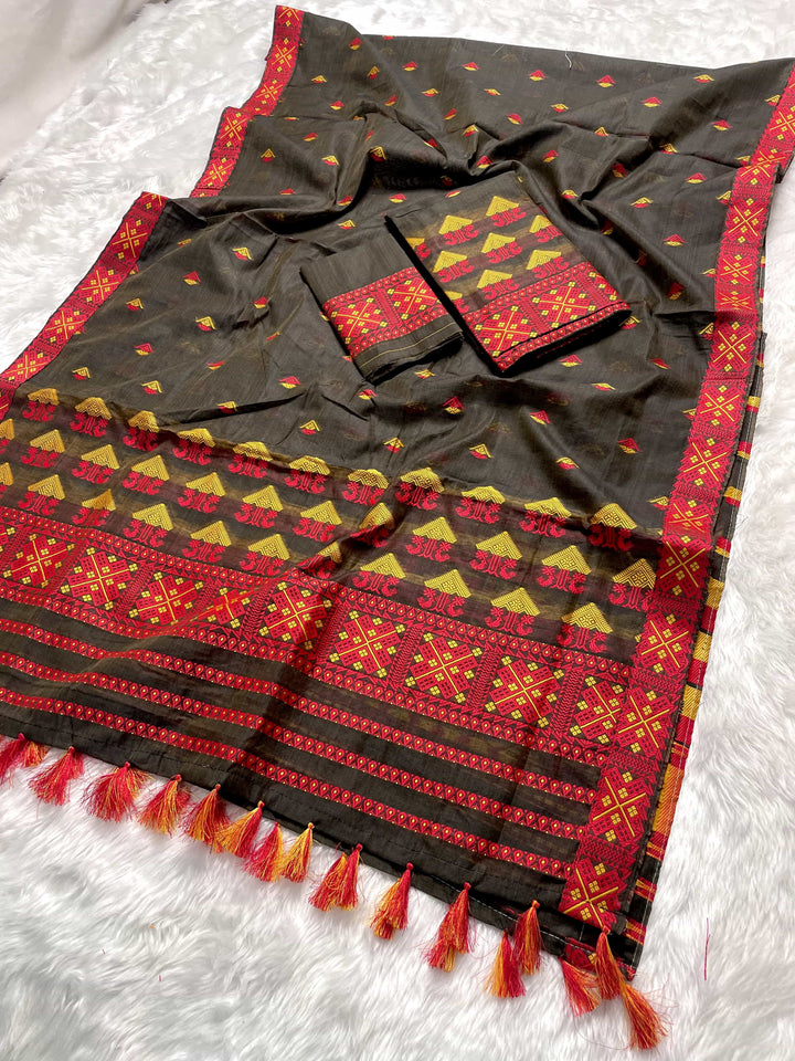 Ready-To-Wear Dhaga & Jari Weaving Work Premium Cotton* Mekhela Sador