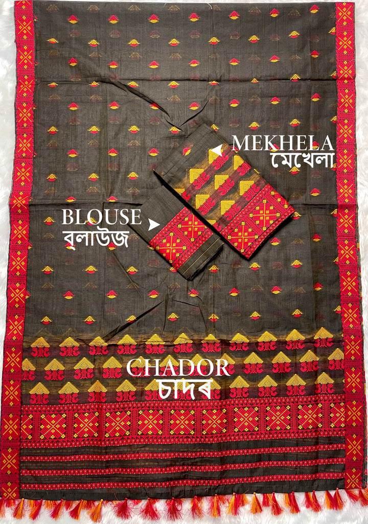 Ready-To-Wear Dhaga & Jari Weaving Work Premium Cotton* Mekhela Sador
