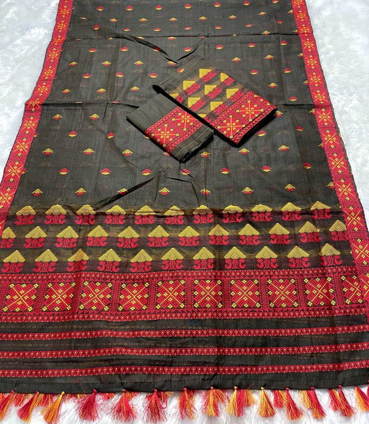 Ready-To-Wear Dhaga & Jari Weaving Work Premium Cotton* Mekhela Sador
