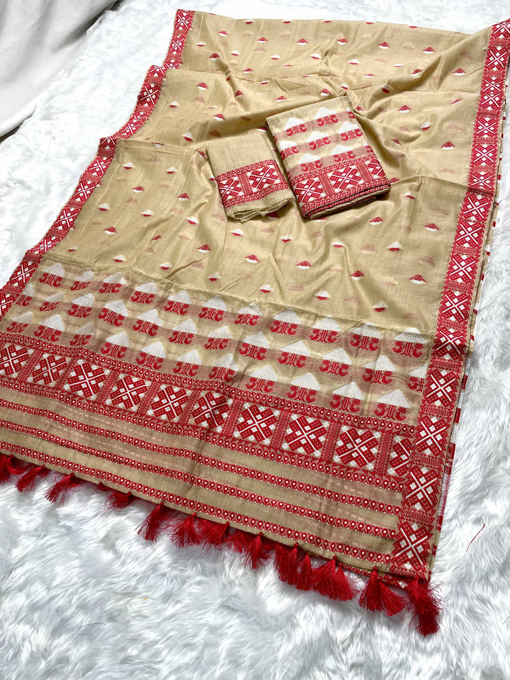 Ready-To-Wear Dhaga & Jari Weaving Work Premium Cotton* Mekhela Sador