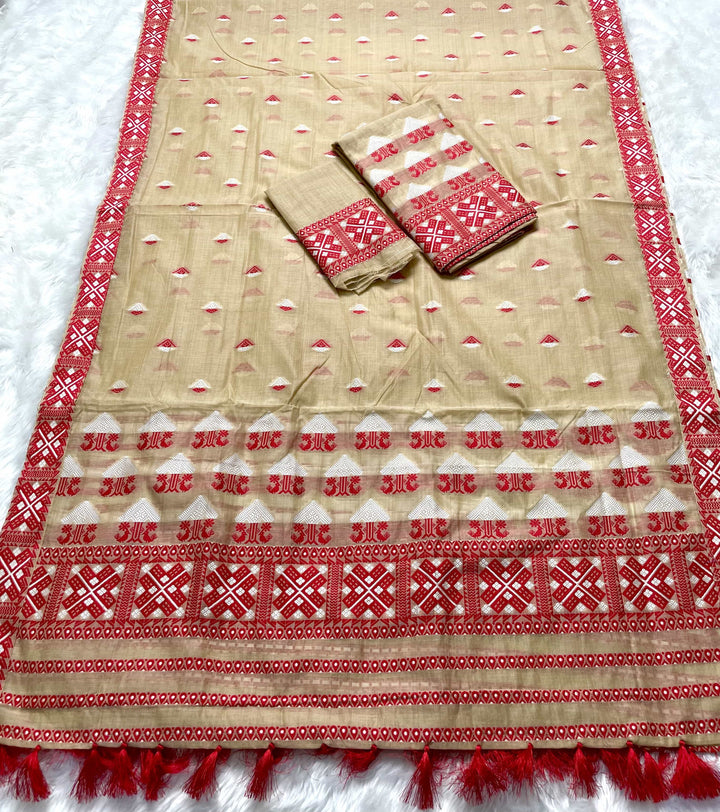 Ready-To-Wear Dhaga & Jari Weaving Work Premium Cotton* Mekhela Sador