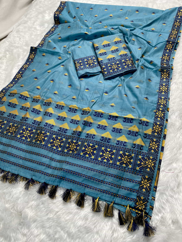 Ready-To-Wear Dhaga & Jari Weaving Work Premium Cotton* Mekhela Sador