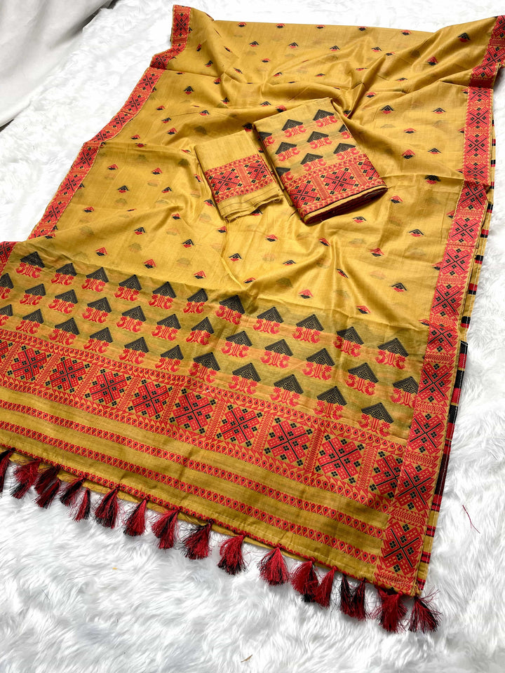 Ready-To-Wear Dhaga & Jari Weaving Work Premium Cotton* Mekhela Sador