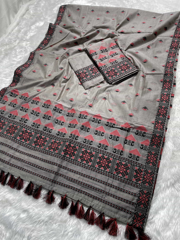 Ready-To-Wear Dhaga & Jari Weaving Work Premium Cotton* Mekhela Sador