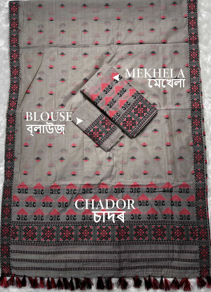 Ready-To-Wear Dhaga & Jari Weaving Work Premium Cotton* Mekhela Sador