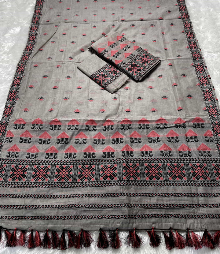 Ready-To-Wear Dhaga & Jari Weaving Work Premium Cotton* Mekhela Sador
