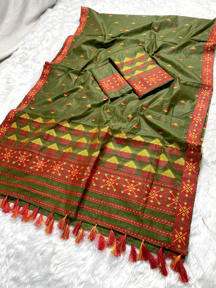 Ready-To-Wear Dhaga & Jari Weaving Work Premium Cotton* Mekhela Sador